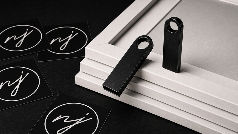 Pendrives y etiquetas con la marca NJ Ink