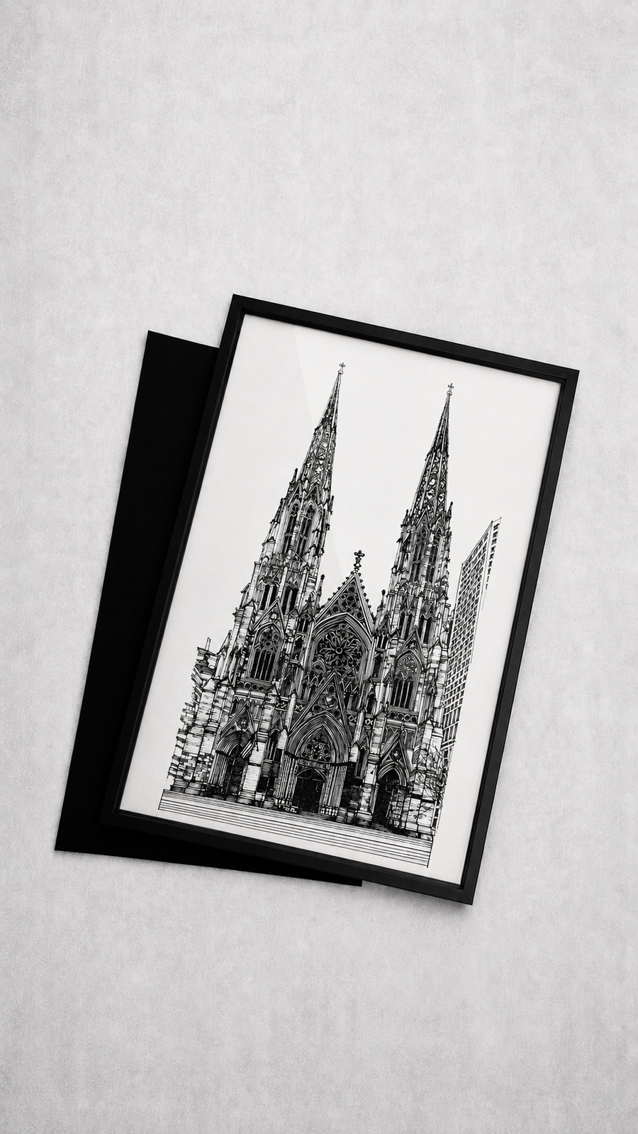 Dibujo a tinta de una catedral, enmarcado en negro