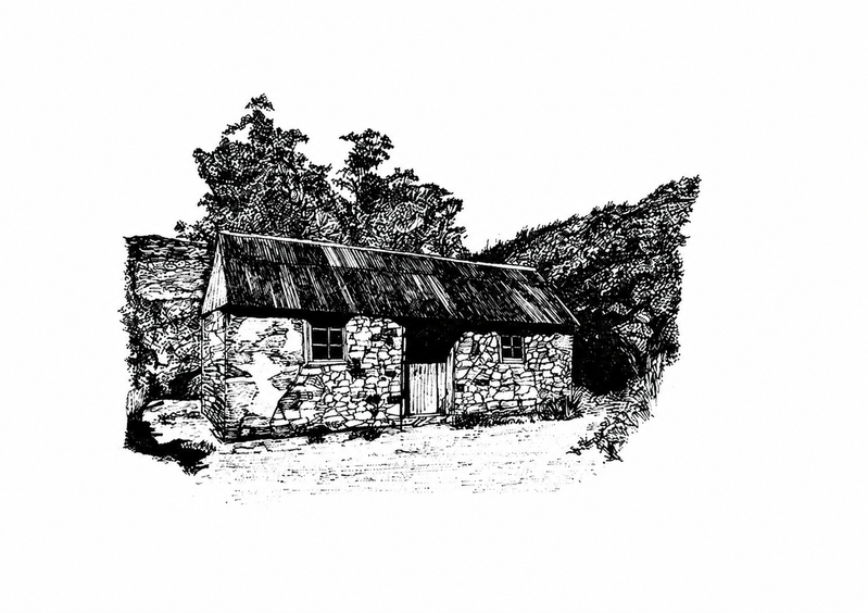 Dibujo original a tinta de una casa de piedra entre árboles